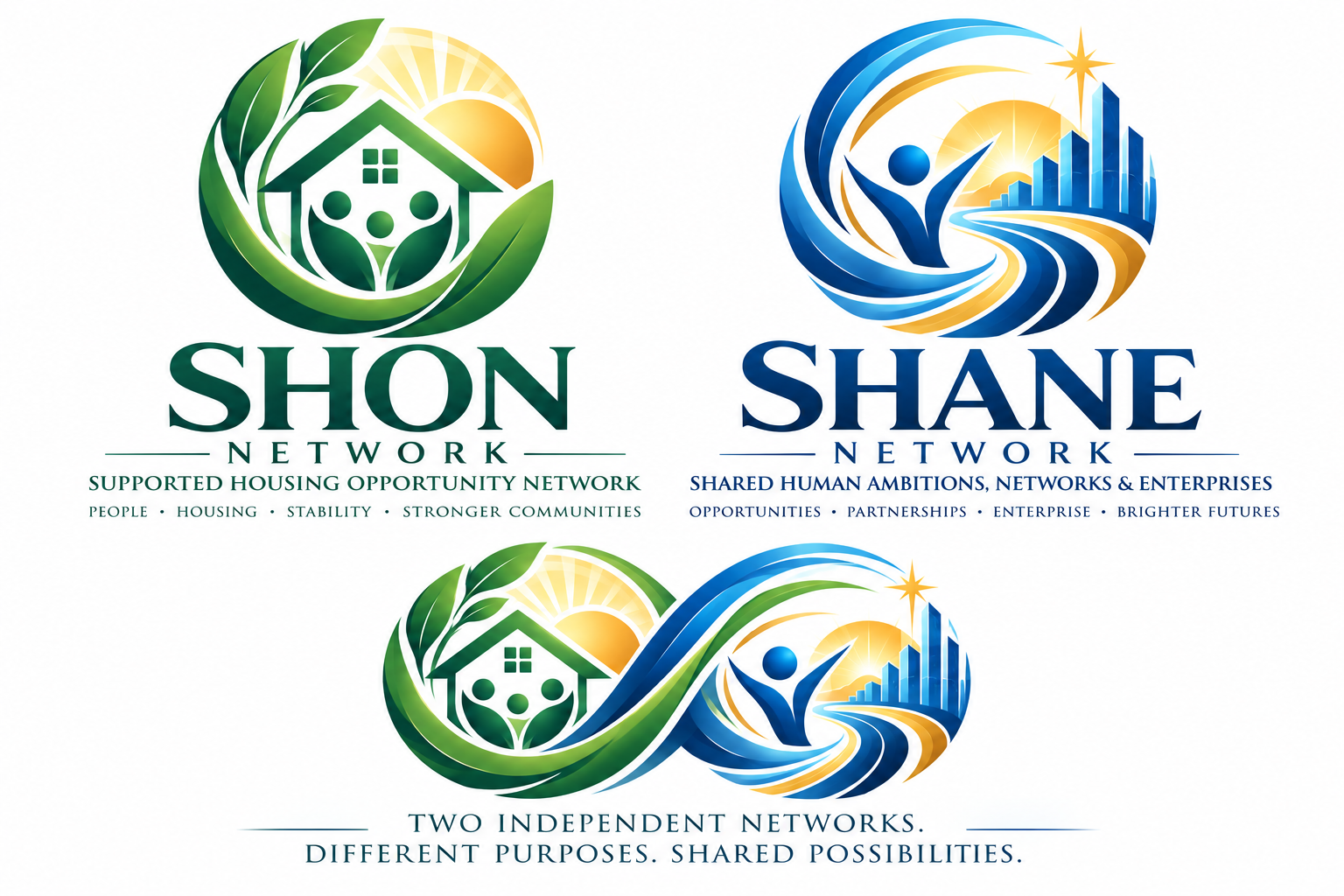 SHON green house and sunset emblem alongside SHANE blue and gold rising-sun opportunity emblem, with a combined partnership design